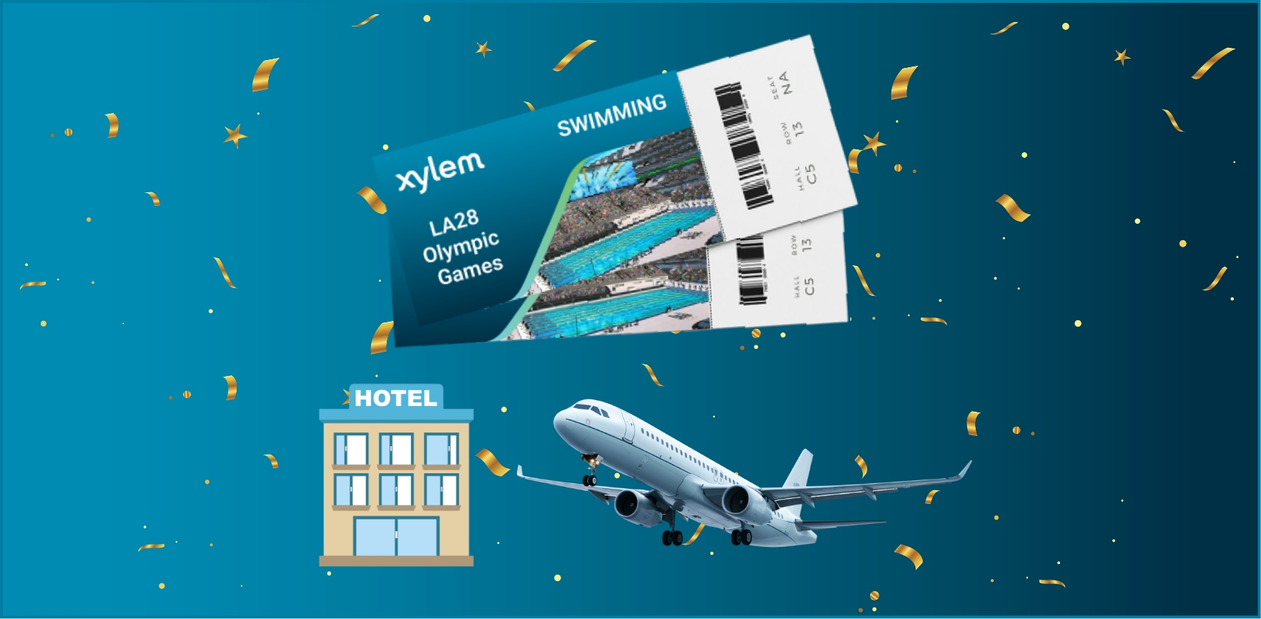 A pair of Olympic swimming tickets, a plane, and a cartoon hotel in front of a blue background, with gold confetti falling around.