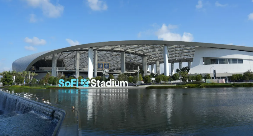 SoFi Stadium in Los Angeles, with a view of the water outside.